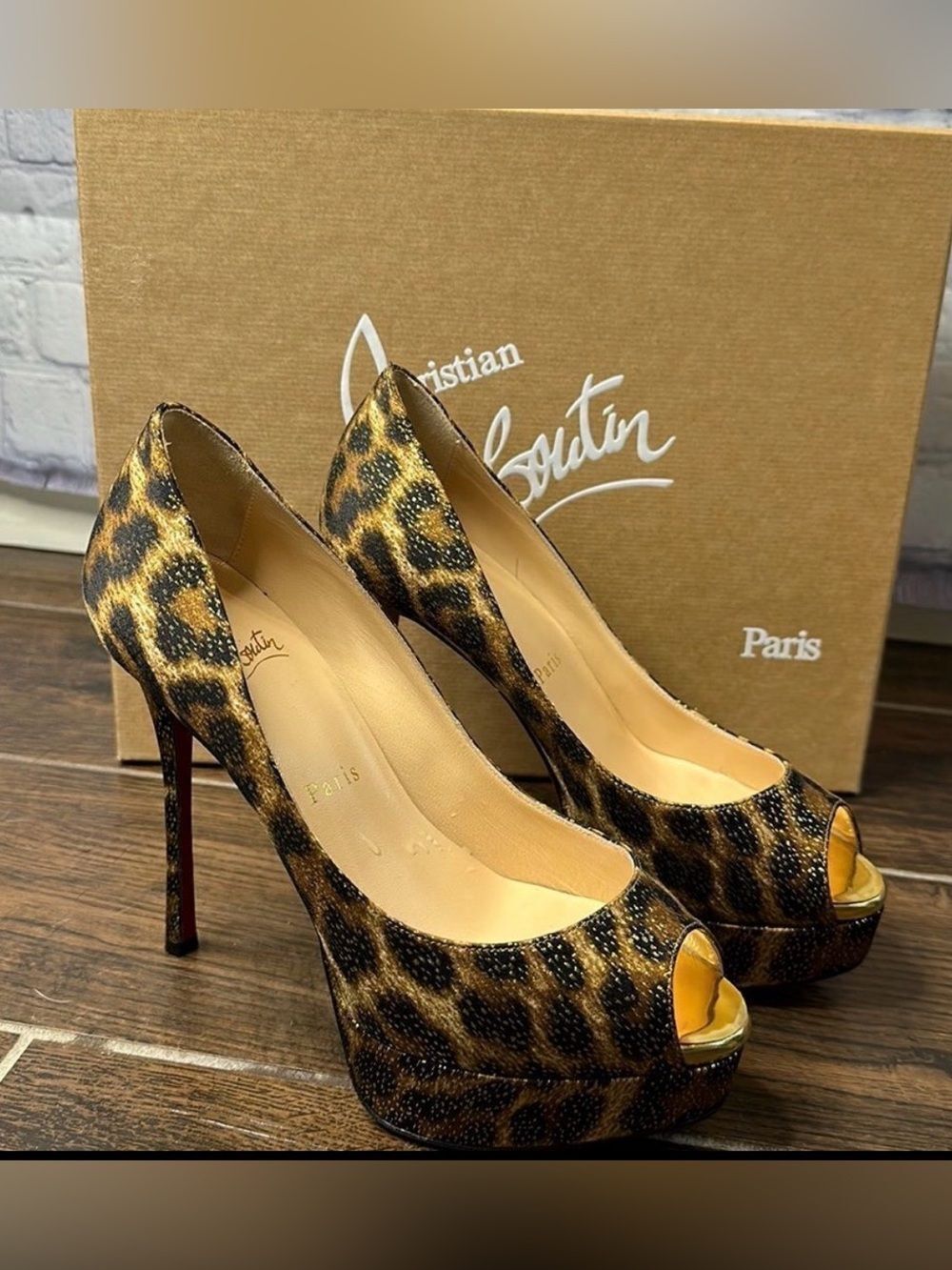 👠Christian Louboutin Heels Print Lady Claude Peep Toe Leopard Pumps Size 36